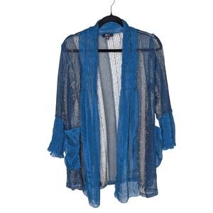 Vintage Lilly‎ Blue Mesh Crinkle Trim Cardigan Open Duster Boho Sheer Festival M